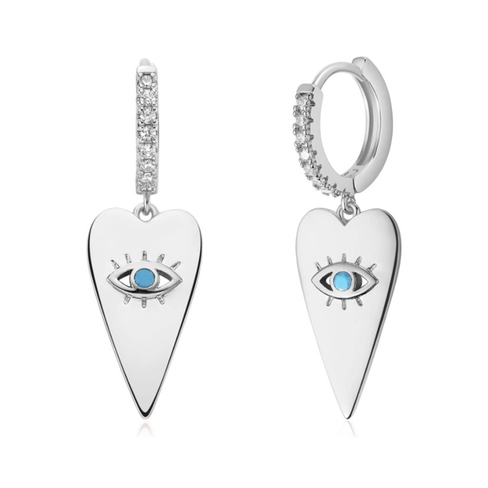 Silver Toned Heart Evil Eye Huggie Hoop Earrings (BRAND NEW)